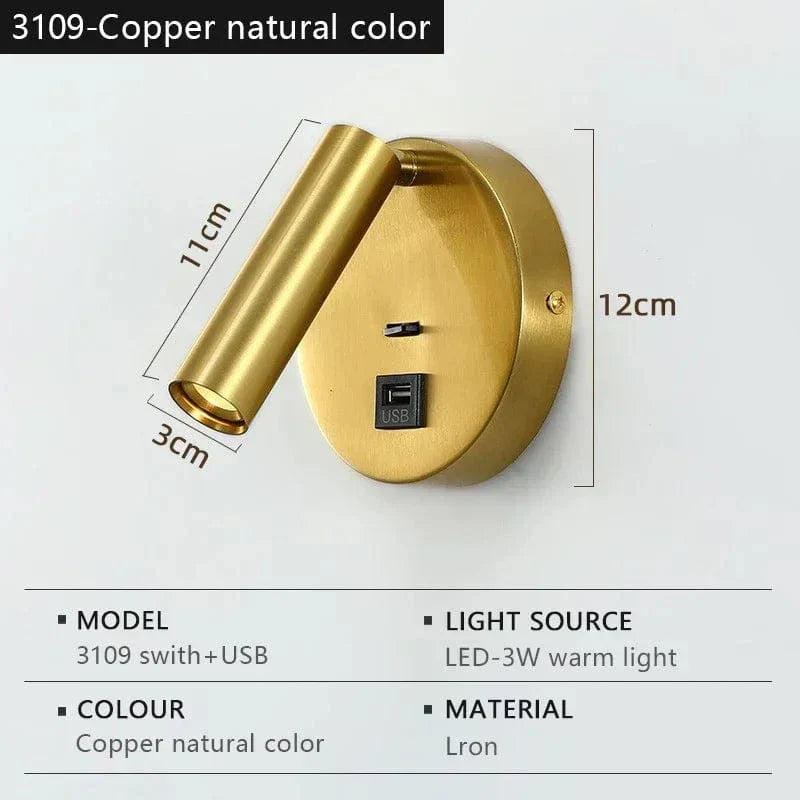 Modern LED Vägglampa Med Strömbrytare - Inomhus - Justerbar - USB Laddning - 350° Rotation - Svart/Koppar Finish Carvallo