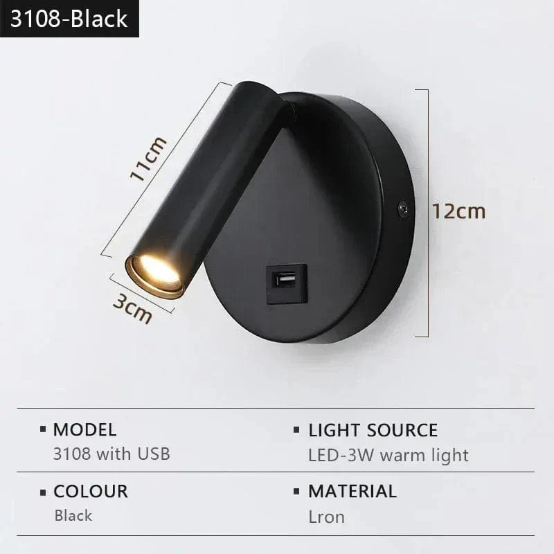 Modern LED Vägglampa Med Strömbrytare - Inomhus - Justerbar - USB Laddning - 350° Rotation - Svart/Koppar Finish Carvallo