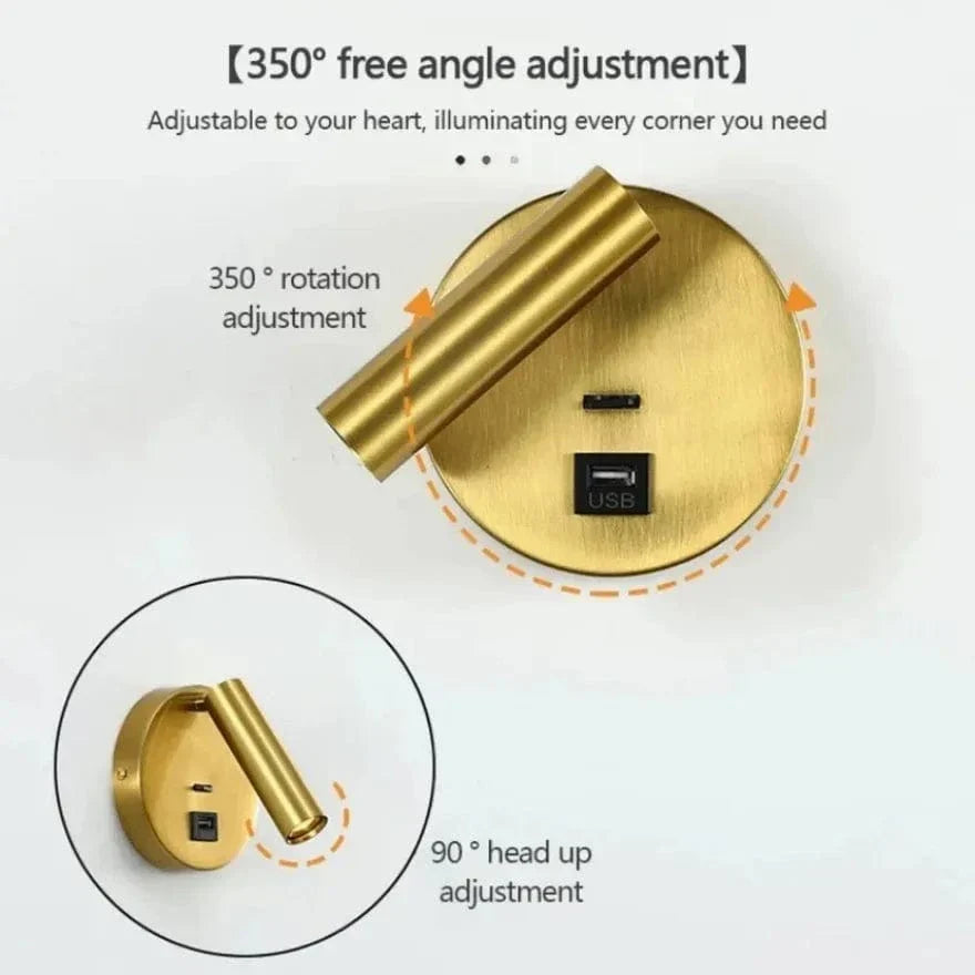 Modern LED Vägglampa Med Strömbrytare - Inomhus - Justerbar - USB Laddning - 350° Rotation - Svart/Koppar Finish Carvallo