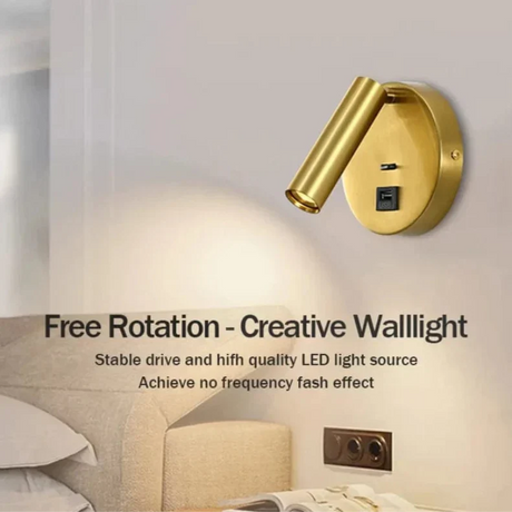 Modern LED Vägglampa Med Strömbrytare - Inomhus - Justerbar - USB Laddning - 350° Rotation - Svart/Koppar Finish Carvallo