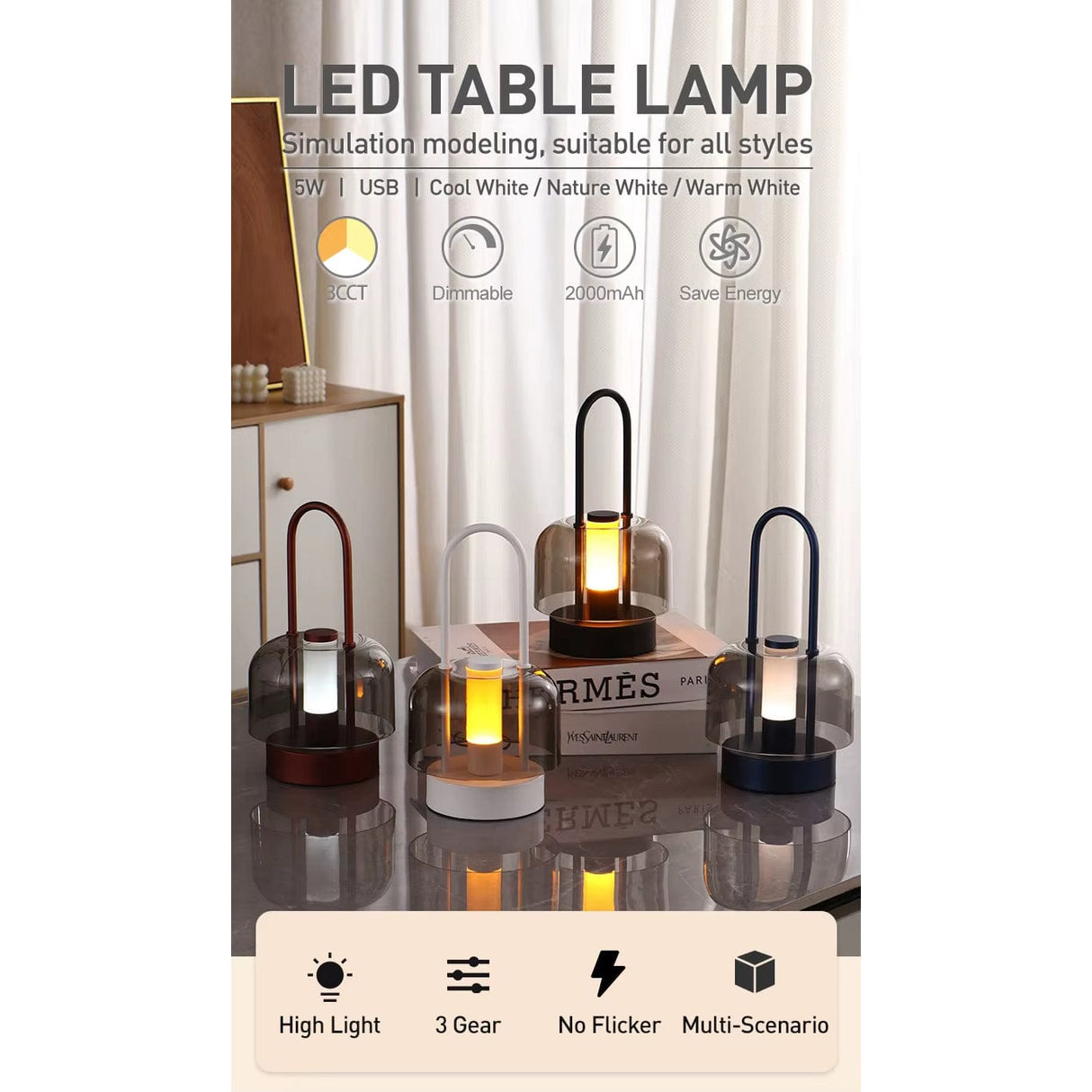 Uppladdningsbar LED-skrivbordslampa - Sladdlös - Modern Retro Design - Portabel - Touchaktivering - Ideal för inomhusbruk Carvallo