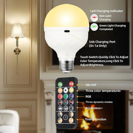 Uppladdningsbar LED-lampa med fjärrkontroll – Dimbar - Flerfärgad - Timerfunktion - 270° ljusvinkel - Bärbar design Carvallo