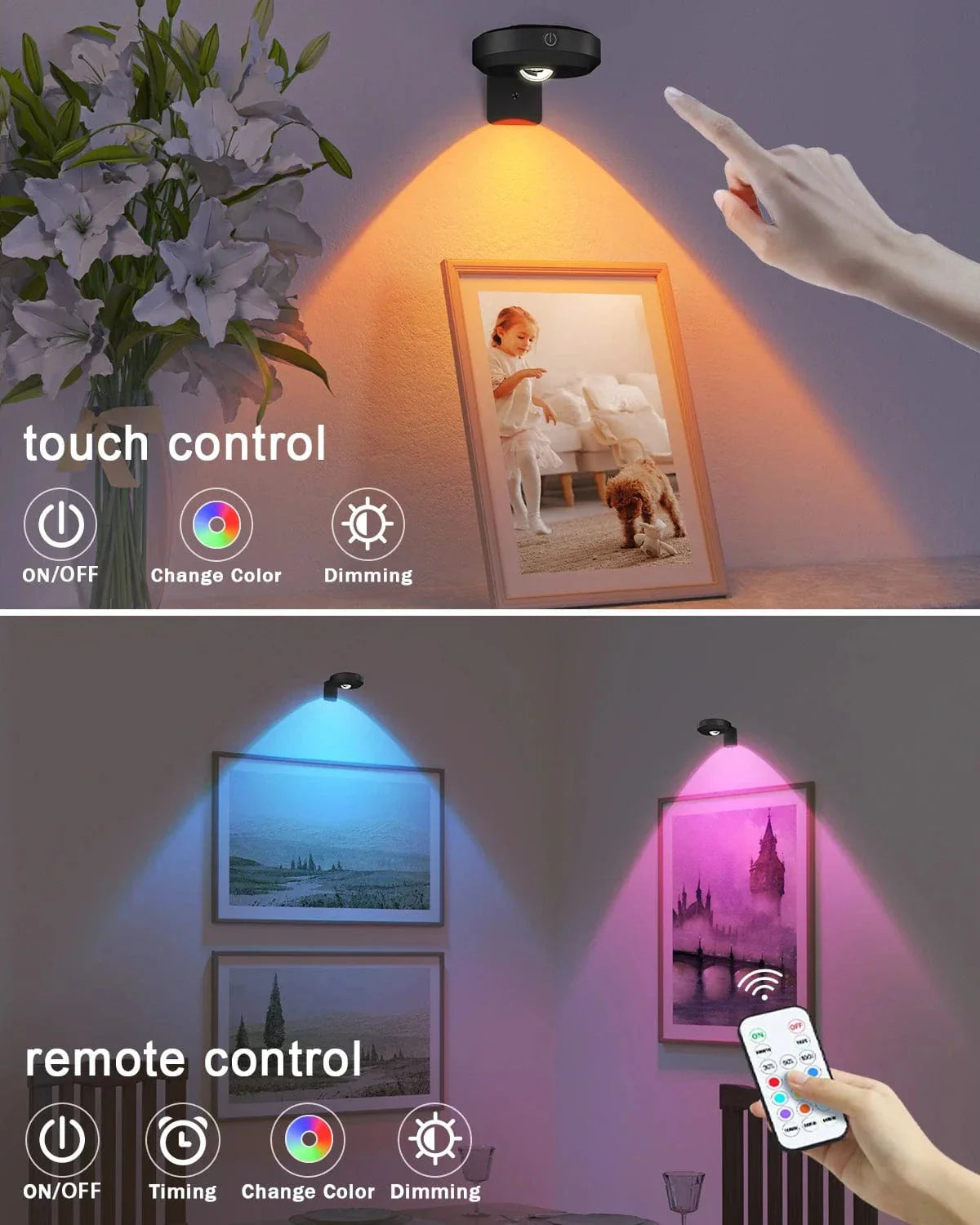 Återuppladdningsbara LED puckljus med magnetfäste – RGB-färgtemperatur - Justerbar ljusstyrka - Inomhus konstbelysning - Fjärrkontroll Carvallo