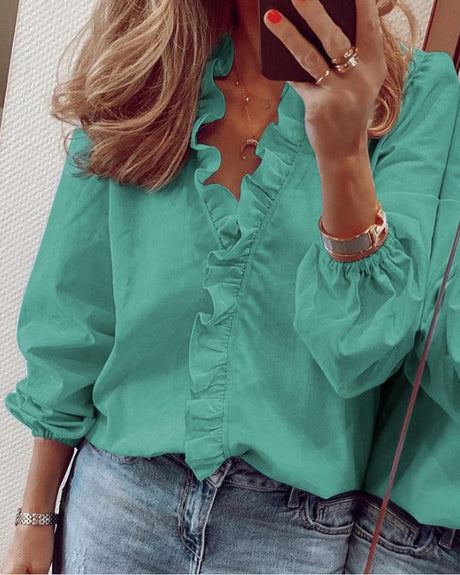 Dam Blus med Ruffles V-halslinje Polyester Hemnix