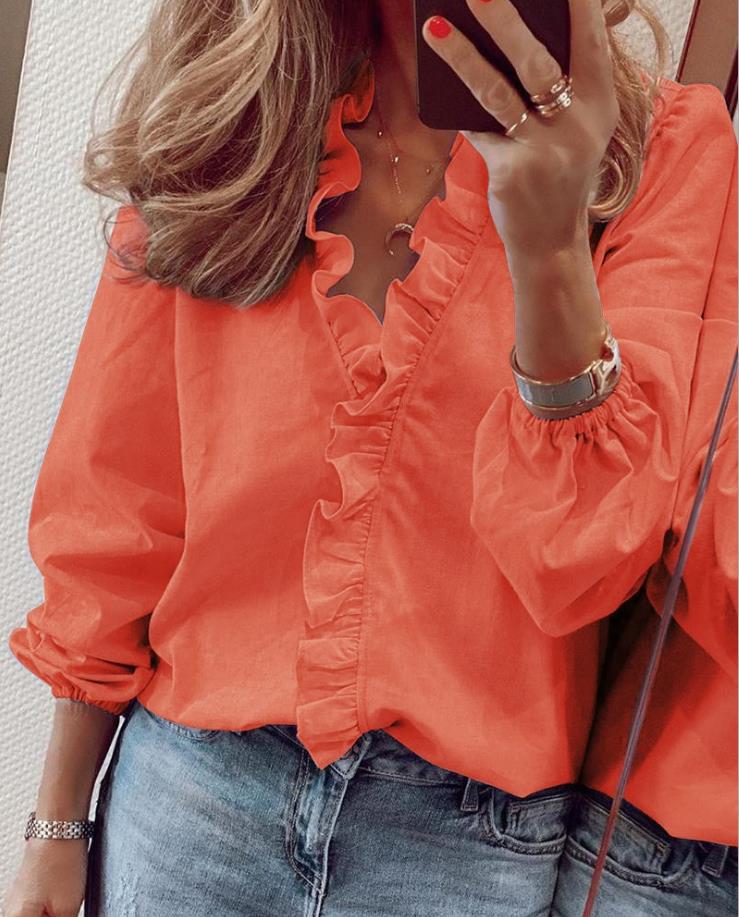 Dam Blus med Ruffles V-halslinje Polyester