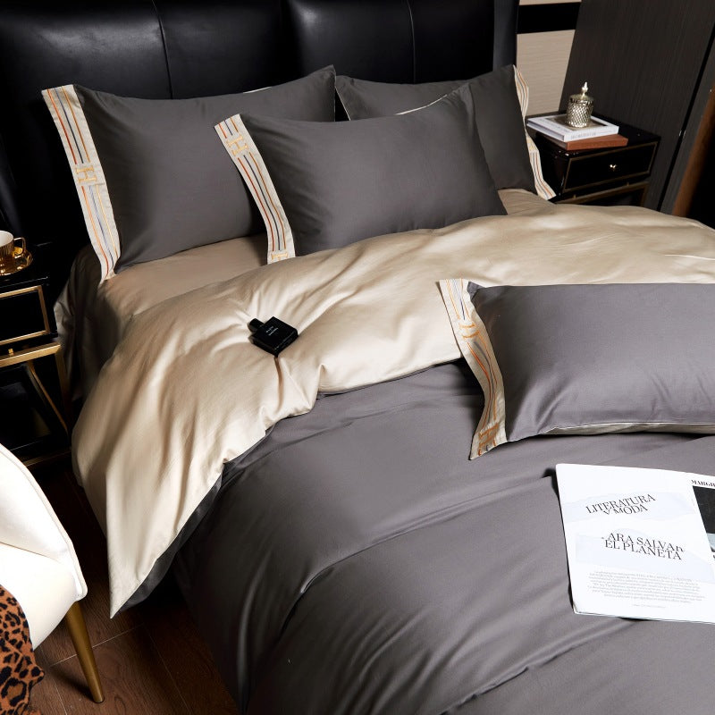 Bomullssatin broderad grå sängset Carvallo